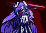  1girl absurdres animal_ears bangs belt blazer cowboy_shot dark_background gloves hatching_(texture) highres holding holding_sword holding_weapon huge_weapon jacket light_purple_hair long_hair looking_at_viewer necktie over_shoulder pants purple_hair rabbit_ears reaching_out red_background red_eyes red_necktie reisen_udongein_inaba serious shirt silhouette simple_background solo sword touhou trench_coat upper_body very_long_hair weapon weapon_over_shoulder weedhollow_(dokuran) white_gloves white_pants white_shirt 