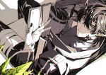  1boy 1other arknights bishounen black_hair black_nails book couch doctor_(arknights) flamebringer_(arknights) from_above looking_at_viewer male_focus nail_polish pointy_ears short_hair sitting sleeping solo_focus toriyoshi yellow_eyes 