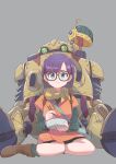  1girl bag bike_shorts blue_eyes chopsticks chrono_trigger closed_mouth full_body glasses helmet highres looking_at_viewer lucca_ashtear neko_(hansinn) purple_hair robo_(chrono_trigger) robot scarf short_hair simple_background 