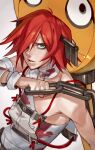  1girl a.b.a absurdres bags_under_eyes bandages blood blood_on_clothes chain green_eyes grey_background guilty_gear guilty_gear_xx hair_over_one_eye highres key key_in_head looking_at_viewer orange_hair paracelsus parted_lips redhead short_hair simple_background uncle_rabbit_ii upper_body 