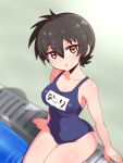  1girl black_hair breasts cougar_(cougar1404) covered_navel looking_at_viewer nari_(cougar1404) one-piece_swimsuit original shadow short_hair sitting solo swimsuit yellow_eyes 