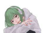  1girl bangs black_eyes blunt_bangs close-up eyebrows_behind_hair eyelashes eyeshadow face green_hair gumi headphones hood hoodie hugging_own_legs lips looking_at_viewer makeup short_hair smile solo tami_moon transparent_background vocaloid white_headwear 