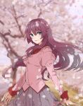  1girl bakemonogatari bangs bow bowtie cherry_blossoms flower highres juliet_sleeves long_hair long_sleeves looking_at_viewer monogatari_(series) naoetsu_high_school_uniform necktie outdoors petals pink_flower pink_shirt pink_theme pleated_skirt puffy_sleeves purple_bow purple_bowtie purple_hair purple_skirt school_uniform senjougahara_hitagi shirt skirt smile spring_(season) tree valhalla0707 