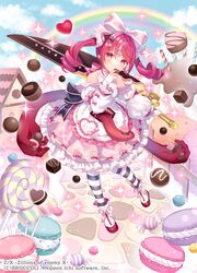  1girl black_bow black_legwear blue_sky bow candy candy_cane character_request chocolate clouds copyright copyright_name fingerless_gloves food full_body gloves hair_bow heart heart-shaped_chocolate highres holding holding_food house long_sleeves looking_at_viewer pink_bow pointy_ears rainbow red_footwear redhead sky solo striped striped_legwear wasabi_(sekai) white_bow white_gloves white_legwear z/x 