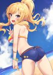  1girl :d absurdres ass bangs bare_shoulders beach bead_bracelet beads bikini blonde_hair blue_eyes blush bracelet breasts cowboy_shot denim denim_shorts eyebrows_visible_through_hair from_behind hair_ornament highres idolmaster idolmaster_cinderella_girls jewelry large_breasts long_hair looking_back ocean ohtsuki_yui oops open_mouth outdoors ponytail shiny shiny_hair shorts smile solo standing striped striped_bikini swimsuit teeth upper_teeth w 