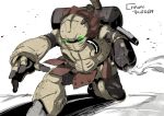  arm_cannon backpack bag chrono_trigger commentary_request copyright_name full_body glowing green_eyes no_humans one_knee robo_(chrono_trigger) robot shadow simple_background smoke solo tetsuya_tashiro weapon white_background 