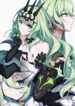  2girls absurdres asymmetrical_gloves bangs bare_shoulders black_dress chinese_wolfberry claw_ring closed_mouth crown dress dual_persona gloves green_eyes green_hair grin highres honkai_(series) honkai_impact_3rd klein_(honkai_impact) long_hair looking_at_viewer mismatched_gloves mobius_(honkai_impact) multiple_girls open_mouth simple_background single_sleeve sleeveless sleeveless_dress smile teeth white_background 