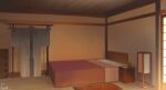  bed bedroom cabinet commentary_request hakuurei_amano highres indoors japanese_clothes kimono no_humans original scenery watermark white_kimono wooden_floor 