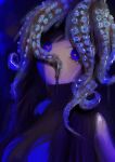  1girl ace34941531 animal_on_head bangs black_hair blood blue_eyes blue_theme dark highres long_hair looking_at_viewer octopus on_head original portrait simple_background slime_(substance) solo tentacles 