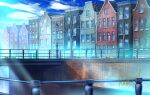  blue_sky bridge building city cityscape clouds commentary_request fence hakuurei_amano highres lamppost no_humans original outdoors river scenery sky tree water watermark window 