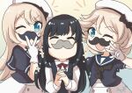  3girls ane_hoshimaru asashio_(kancolle) bangs black_hair blonde_hair blue_dress blue_eyes blue_sailor_collar buttons closed_eyes commentary_request dress eyebrows_visible_through_hair fake_facial_hair fake_mustache gloves hat highres janus_(kancolle) jervis_(kancolle) kantai_collection long_hair long_sleeves multiple_girls one_eye_closed parted_bangs sailor_collar sailor_dress sailor_hat shirt short_sleeves skirt suspender_skirt suspenders victory_pose white_gloves white_shirt 