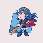  1girl armor artist_name bangs black_gloves blue_cape blue_eyes blue_footwear blue_hair boots cape commentary english_commentary fingerless_gloves fire_emblem full_body gloves grey_background hand_up holding holding_sword holding_weapon long_hair lowres lucina_(fire_emblem) onemegawatt open_mouth red_cape simple_background solo standing sword teeth tiara upper_teeth weapon 