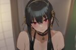  1girl alracoco bare_shoulders black_choker black_hair blurry blurry_background choker collarbone earrings eyebrows_visible_through_hair hair_between_eyes highres jewelry long_hair looking_at_viewer red_eyes solo spy_x_family upper_body yor_briar 