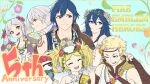  3boys 3girls :d anniversary armlet aunt_and_niece bangs blonde_hair blue_eyes blue_hair bouquet brother_and_sister brown_eyes chrom_(fire_emblem) dress eyebrows_visible_through_hair father_and_daughter fire_emblem fire_emblem_awakening fire_emblem_heroes flower flower_necklace hair_between_eyes hair_flower hair_ornament highres long_hair lucina_(fire_emblem) mother_and_son multiple_boys multiple_girls nezumida_yonekiti official_alternate_costume one_eye_closed robin_(fire_emblem) robin_(fire_emblem)_(female) robin_(fire_emblem)_(male) short_hair siblings sleeveless smile twintails uncle_and_nephew v white_hair 