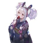  1girl animal_ears azur_lane bangs black_kimono bow candy_apple commentary_request double_bun eyebrows_visible_through_hair fake_animal_ears food hair_between_eyes hairband holding holding_food japanese_clothes kimono laffey_(azur_lane) long_sleeves obi rabbit_ears red_bow red_eyes red_hairband sash silver_hair simple_background solo tota_(sizukurubiks) white_background wide_sleeves 