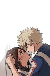  1boy 1girl against_wall bakugou_katsuki blonde_hair boku_no_hero_academia brown_eyes brown_hair echo1069479 hand_in_another&#039;s_hair hetero highres looking_at_another short_hair sidelocks spiky_hair track_suit u.a._gym_uniform uraraka_ochako 