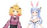  2girls ahoge airani_iofifteen_(artist) alternate_hairstyle animal_ear_fluff animal_ears ayamy bangs bare_shoulders bat_hair_ornament belt black_belt black_choker black_skirt blonde_hair blue_hair blush bow braid breasts breasts_apart carrot carrot_hair_ornament choker clothing_cutout creature detached_sleeves don-chan_(usada_pekora) english_commentary extra_ears eyebrows eyebrows_visible_through_hair fang food-themed_hair_ornament frilled_skirt frills hair_bow hair_ornament heart heart_choker high-waist_skirt highres hololive large_breasts long_hair looking_at_viewer multicolored_hair multiple_girls open_mouth orange_eyes playboy_bunny pom_pom_(clothes) puffy_detached_sleeves puffy_sleeves rabbit_ears rabbit_girl redhead redrawn scarf short_eyebrows shoulder_cutout side_ponytail sidelocks simple_background skirt small_breasts smile straight-on suspender_skirt suspenders thick_eyebrows two-tone_hair usada_pekora virtual_youtuber white_bow white_hair yellow_eyes yozora_mel yuuki_hagure 