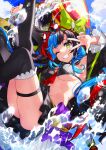  1girl ;d armpit_peek armpits arms_up ascot ass bare_shoulders between_breasts bikini bikini_top_only black_bikini black_coat black_hair black_legwear black_skirt blue_hair bow breasts coat eyewear_on_head fate/grand_order fate_(series) grin hair_bow heart heart-shaped_eyewear legs_up long_sleeves mallet medium_breasts mika_pikazo miniskirt multicolored_hair navel off_shoulder official_art one_eye_closed open_clothes open_coat pleated_skirt purple_bow red-framed_eyewear red_ascot redhead revealing_clothes sailor_collar sei_shounagon_(fate) sidelocks skindentation skirt smile solo stomach string_bikini sunglasses swimsuit thigh-highs thigh_strap thighs two-tone_hair w water wet yellow_eyes 