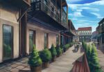  absurdres bench blue_sky chair clouds commentary_request fence hakuurei_amano highres no_humans original outdoors plant reflection scenery shadow shopping_district sky table window 