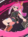  1girl ass black_shorts boots breasts cougar_(cougar1404) domino_mask full_body holding horns inkling long_hair looking_at_viewer mask open_mouth pointy_ears shorts smile solo splatoon_(series) standing tentacle_hair 