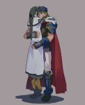 1boy 1girl armor black_footwear boots brown_footwear cape commentary_request fire_emblem gloves green_hair green_headband grey_background headband height_difference highres hug ike_(fire_emblem) long_hair pants pants_tucked_in picnicic red_cape short_hair soren spiky_hair standing twintails white_pants white_robe