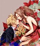  1boy 1girl aerith_gainsborough bangs blonde_hair blue_eyes bouquet bow bowtie bracelet brown_hair closed_eyes cloud_strife couple dress final_fantasy final_fantasy_vii final_fantasy_vii_remake flamenco_dress floral_background flower formal hair_between_eyes hair_ornament highres jewelry leaf long_hair parted_bangs red_bow red_bowtie red_dress spiky_hair suit tuxedo upper_body wavy_hair yco_030601 yellow_flower 