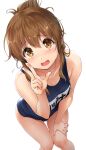  1girl blue_swimsuit blush breasts brown_hair collarbone covered_navel cowboy_shot folded_ponytail highres inazuma_(kancolle) kantai_collection looking_at_viewer name_tag old_school_swimsuit one-piece_swimsuit open_mouth school_swimsuit shinozuka_jouji solo swimsuit v w white_background 