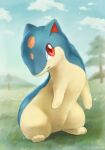  animal_focus clouds commentary_request day field full_body grass highres no_humans open_mouth outdoors pokemon pokemon_(creature) quilava red_eyes ryuma210 signature sky smile solo tree 