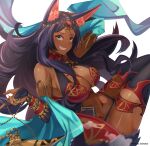 1girl animal_ear_fluff animal_ears aqua_eyes breasts bridal_gauntlets dark-skinned_female dark_skin daweykun ears_through_headwear fate/grand_order fate_(series) forehead_jewel head_chain highres jackal_ears large_breasts legs legs_together long_hair navel purple_hair queen_of_sheba_(fate) smile solo thigh-highs thighs very_long_hair