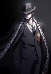  1boy arms_at_sides black_jacket black_necktie black_pants black_skirt blood blood_on_clothes cape collared_shirt cp0 fedora formal gloves hat jacket long_sleeves male_focus mask necktie one_piece pants raine_(acke2445) shirt skirt solo suit suit_jacket white_shirt wing_collar 