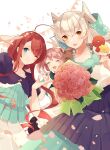  3girls ahoge amatsukaze_(kancolle) anniversary black_skirt blue_eyes blush bouquet closed_eyes closed_mouth collarbone eyebrows_visible_through_hair fang flower hair_between_eyes hair_tubes holding holding_bouquet kantai_collection kawakaze_(kancolle) long_hair multiple_girls one_eye_closed open_mouth pink_flower pink_hair pink_rose pleated_skirt redhead rose sazanami_(kancolle) shakemi_(sake_mgmgmg) short_hair short_sleeves silver_hair skin_fang skirt smile twintails two_side_up yellow_eyes 