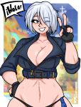  angel_(kof) breasts gloves highres jacket large_breasts mexico smile spanish_text the_king_of_fighters the_king_of_fighters_xv white_hair 