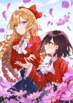  2girls black_eyes black_hair blonde_hair blue_eyes blue_skirt claire_francois clouds cloudy_sky cover_image crossed_arms drill_hair floating_hair flower gem half_updo hanagata jacket long_hair multiple_girls official_art outstretched_hand petals red_jacket rei_taylor school_uniform short_hair skirt sky very_long_hair watashi_no_oshi_wa_akuyaku_reijou wind yuri 