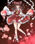  1girl absurdres ascot bobby_socks bow brown_hair detached_sleeves frilled_shirt_collar frilled_skirt frills full_body gohei hair_bow hair_tubes hakurei_reimu highres holding knees_together_feet_apart long_hair looking_at_viewer mary_janes orb petals petticoat red_bow red_eyes red_shirt red_skirt ribbon-trimmed_sleeves ribbon_trim shirt shoes sidelocks siragi_89 skirt skirt_set socks solo standing touhou white_legwear wide_sleeves yin_yang yin_yang_orb 