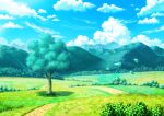  blue_sky bush clouds dirt_road fantasy grass kanappe915 leaf meadow mountain nature no_humans original outdoors road rural scenery sky tree 