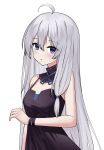  1girl absurdres ahoge bangs black_dress closed_mouth dress elaina_(majo_no_tabitabi) eyebrows_visible_through_hair grey_hair hair_between_eyes highres long_hair looking_at_viewer majo_no_tabitabi nagisa_(cxcx5235) off-shoulder_dress off_shoulder simple_background solo upper_body violet_eyes white_background 