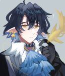  1boy arknights ascot bangs black_choker black_gloves black_hair black_jacket blue_ascot blue_sealad choker commentary gloves hair_between_eyes hand_up infection_monitor_(arknights) jacket lumen_(arknights) male_focus parted_lips pointy_ears short_hair solo upper_body yellow_eyes 
