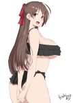  1girl ahoge arms_behind_back ass bikini black_bikini bosshi breasts brown_hair cowboy_shot frilled_bikini frills from_behind hair_ornament hairclip highres huge_breasts kantai_collection long_hair mamiya_(kancolle) red_eyes simple_background solo standing swimsuit white_background 