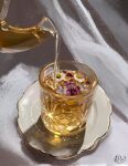  artist_name commentary cup drink drinking_glass english_commentary flower food_focus grey_background highres kay_(kf1n3) no_humans original pouring purple_flower saucer signature still_life tea teapot white_flower 