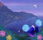  commentary_request cosmog crescent_moon devil_uo flower from_behind grass light moon mountain night outdoors pink_flower pokemon pokemon_(creature) sky steam volcano water yellow_flower 