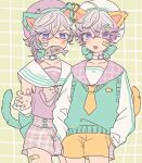  2boys animal_ears bandaid blue_hair brothers cat_boy cat_ears cat_tail collar fish fish_in_mouth highres looking_at_viewer male_focus matching_outfit multicolored_hair multiple_boys paradox_live purple_hair shirota69 siblings tail twins violet_eyes yatonokami_kanata yatonokami_nayuta 