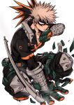  1boy bakugou_katsuki black_pants blonde_hair boku_no_hero_academia chiyaya explosive foreshortening gloves green_gloves grenade highres knee_pads male_focus orange_eyes pants simple_background solo spiky_hair squatting two-tone_gloves white_background 