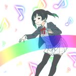  1girl alternate_color blazer bow breasts brown_hair brown_legwear closed_eyes closed_mouth commentary cropped_legs floating_hair gradient_hair green_hair green_outline grey_sweater hand_up instrument jacket leaning_forward love_live! love_live!_school_idol_project miming multicolored_hair music musical_note open_hands outline playing_instrument playing_piano pleated_skirt rainbow rainbow_gradient rainbow_outline red_bow shinanoya_(satanicad) shiny shiny_hair short_twintails skirt small_breasts smile solo standing sweater takasaki_yuu thigh-highs twintails two-tone_hair white_background white_skirt zettai_ryouiki 