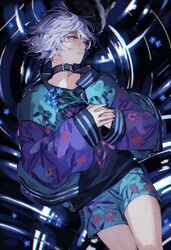  1boy bad_id bad_twitter_id black_shirt choker flower holding holding_flower jacket long_sleeves looking_at_viewer male_focus multicolored_clothes multicolored_jacket paradox_live purple_hair shirt short_hair shorts solo ugonba_(howatoro) violet_eyes yatonokami_nayuta 