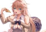 1girl all_fours azur_lane bangs bare_shoulders blue_eyes blush breasts brown_hair buran_(22x) collarbone collared_shirt eyebrows_visible_through_hair food impero_(azur_lane) large_breasts long_sleeves looking_at_viewer off_shoulder open_mouth pizza shirt simple_background solo white_background white_shirt 