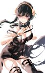  1girl bangs bare_shoulders black_dress black_footwear black_hair blush breasts closed_mouth dress eyebrows_visible_through_hair highres large_breasts looking_at_viewer medium_hair red_eyes simple_background solo spy_x_family temir thigh-highs thighs white_background yor_briar 