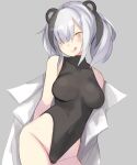  1girl :q alternate_costume animal_ears arknights bare_shoulders bear_ears black_leotard blush breasts bright_pupils closed_mouth contrapposto covered_collarbone covered_navel cowboy_shot enoki_p feater_(arknights) grey_background groin hair_over_one_eye highleg highleg_leotard highres leotard looking_at_viewer medium_breasts multicolored_hair open_clothes open_shirt orange_eyes shirt short_hair short_twintails silver_hair simple_background smile solo streaked_hair tongue tongue_out twintails two-tone_hair undressing white_shirt 