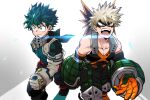  2boys bakugou_katsuki bare_shoulders black_pants blonde_hair bodysuit boku_no_hero_academia chiyaya clenched_hand explosive eye_mask freckles gloves gradient gradient_background green_bodysuit green_hair grenade highres hood hood_down knee_pads lens_flare male_focus mask mask_removed midoriya_izuku multiple_boys open_mouth orange_eyes orange_gloves pants spiky_hair teeth two-tone_gloves white_background white_gloves 