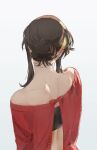  1girl backless_outfit bare_shoulders black_hair from_behind hair_bun highres koy8frqryzjmxxy long_sleeves nape off-shoulder_sweater off_shoulder red_sweater short_hair_with_long_locks shoulder_blades simple_background sketch solo spine spy_x_family sweater white_background yor_briar 