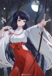  1girl absurdres aiming arrow_(projectile) bow expressionless grass hakama highres inuyasha japanese_clothes kikyoism kikyou_(inuyasha) miko moon night quiver solo tree upper_body 